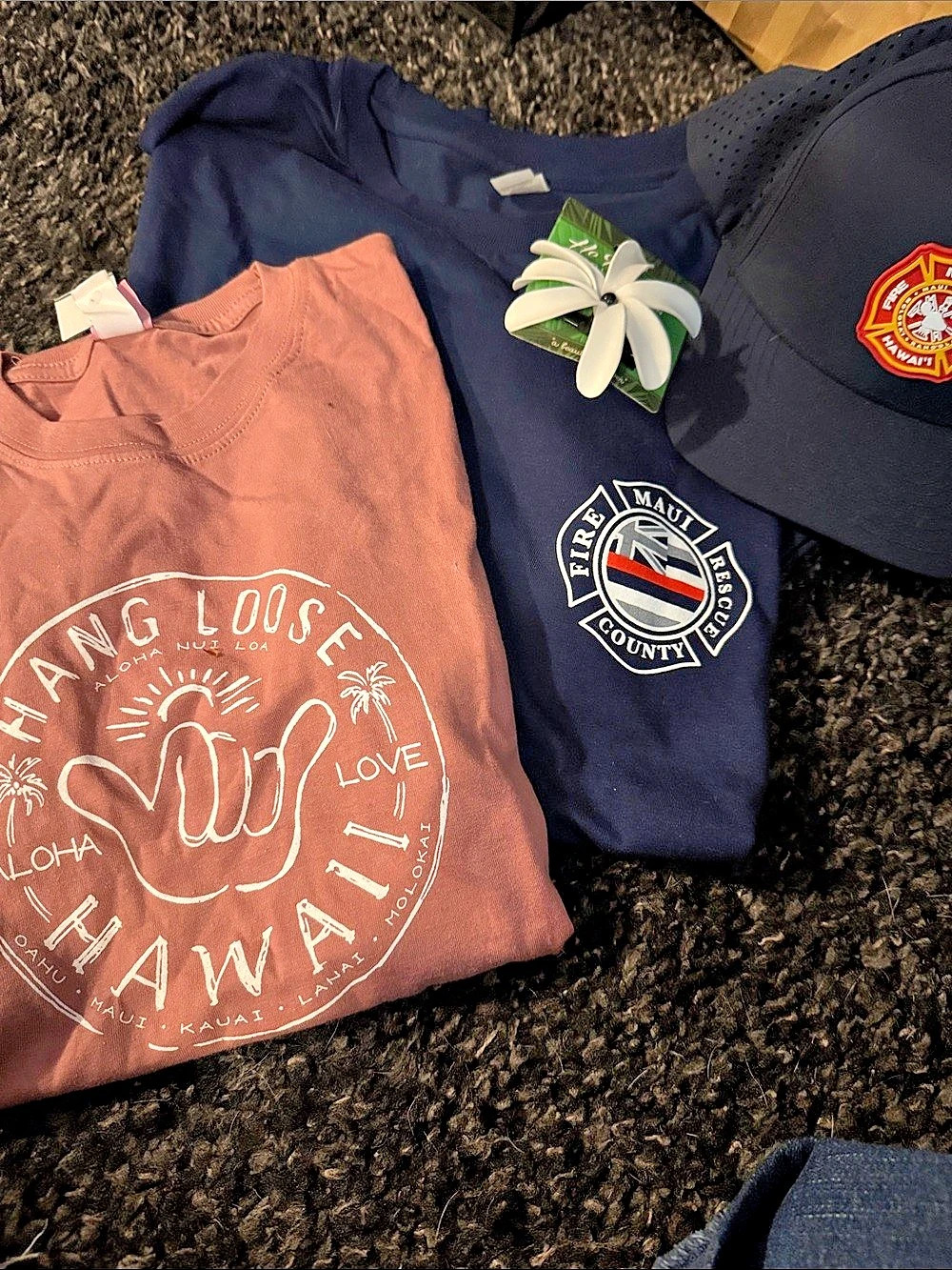 XL Maui County Fire Dept Shirt NWT and Baseball Hat S pink shirt & Flower Clips